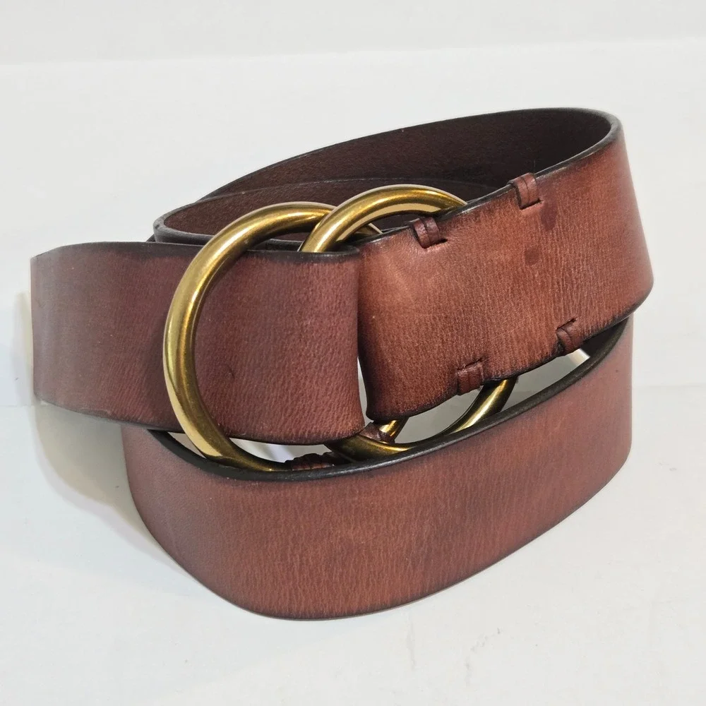 Gap Double O-Ring Belt Womens Small Brown Genuine Leather Brass Buckle 33-36